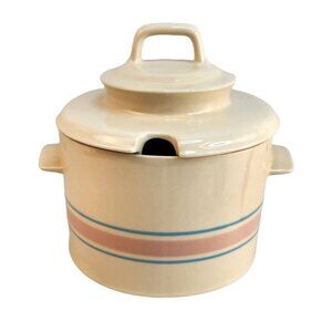 McCoy Pottery Blue Stripe Pink Band Bean Pot Casserole Dish Spoon Divot 0164